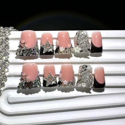Press On Nails 10-Piece Short Duckbill Set with Black French Tips, Snake, Stars and Self-Adhesive Gel Tabs