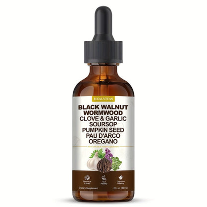 Black Walnut Wormwood Tincture 2 fl oz — Gut Health & Colon Cleanse Herbal Drops with Soursop, Oregano, Garlic & Berberine | Alcohol-Free Liquid Supplement for Digestive Support & Immune Health