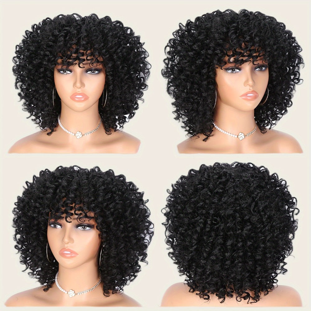Afro Kinky Curly Wig for Black Women Short Synthetic Hair with Bangs 180% High Density Natural Fluffy Curls Stretch Cap Daily Wear Party Cosplay Fits All Head Sizes