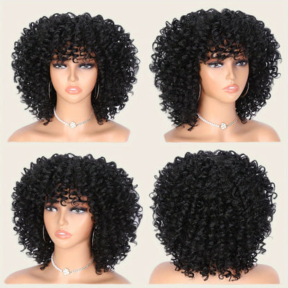 Afro Kinky Curly Wig for Black Women Short Synthetic Hair with Bangs 180% High Density Natural Fluffy Curls Stretch Cap Daily Wear Party Cosplay Fits All Head Sizes