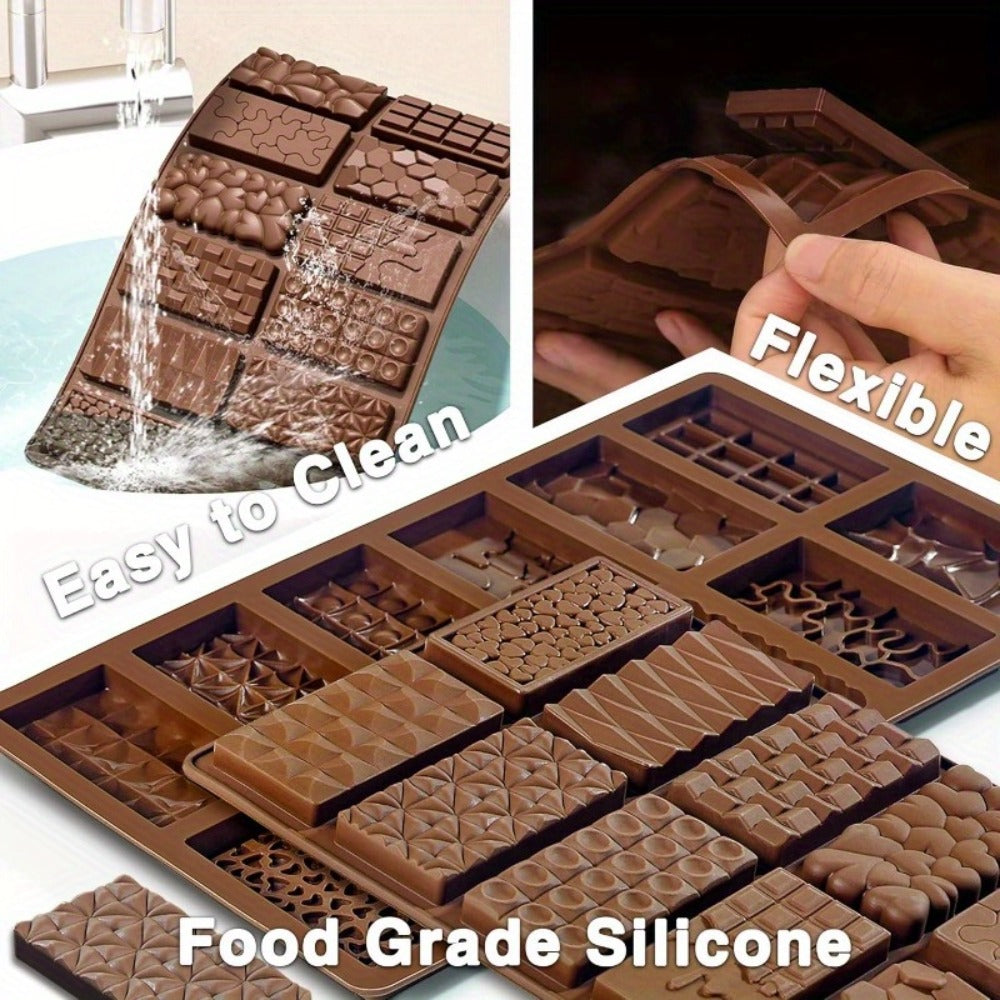 Three-Pack 12-Cavity Silicone Chocolate Bar Mold Set with Scraper for Candy, Wax Melts and Soap
