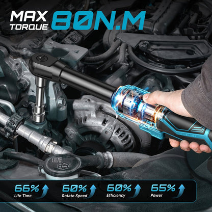 21V Power Ratchet Wrench Set 3/8'' Drive, 59 Ft-lbs 400 RPM Cordless Electric Ratchet, Variable Speed Trigger, 2x 2.0Ah Batteries & Charger, 8 Sockets, 3'' Extension Bar, 1/4'' & 1/2'' Adapter Included