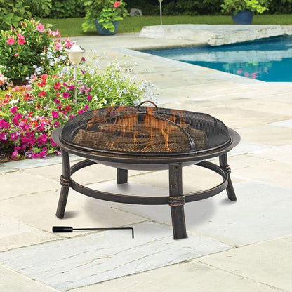 29.3-Inch Round Fire Pit Bowl with Domed Mesh Cover, Four-Leg Stand and Long Poker in Black