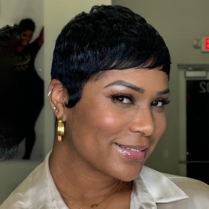 Brazilian Human Hair Pixie Cut Wig 150% Density Short Straight Machine Made Rose Net Cap Glueless Natural Black 4 Inch | Beginner Friendly Easy Wear Women