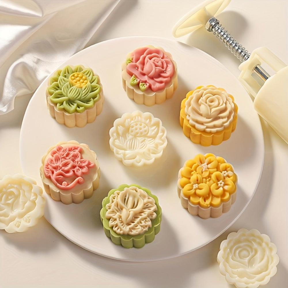Seven-Piece 50 g Mooncake Press Set with Six Flower Pattern Stamps for Cookies and Pastry Baking