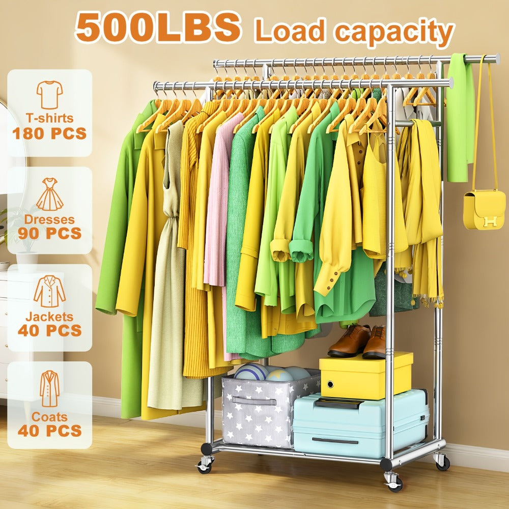 Portable Clothes Rack with Wheels – Heavy Duty Double Rod Garment Rack with Shelves & Hooks | Metal Rolling Clothing Rack for Hanging Clothes | Multi-Functional Closet Rack for Bedroom & Laundry Room