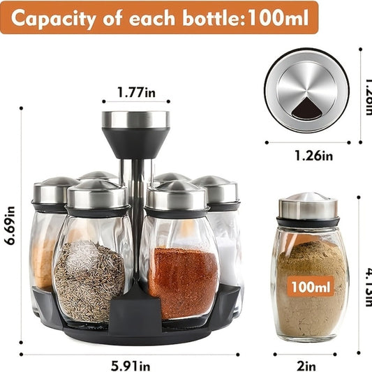 Glass Spice Jar Set with Rotating Rack – Airtight Kitchen Spice Organizer with 360° Stainless Steel Stand – Food Grade Glass Seasoning Bottles for Pantry, Cabinet & Countertop Storage – 6 or 12 Piece