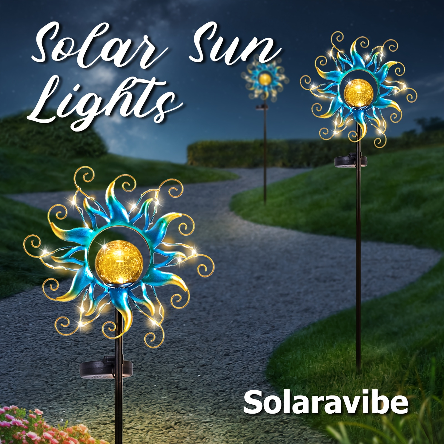 Solar Garden Lights Blue Sun-Shaped LED Stake, IPX4 Rated with Separate Solar Panel for Path Decor