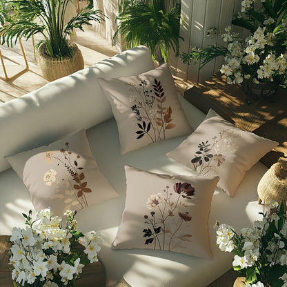 Neutral Botanical Throw Pillow Covers, Four-Piece 18 x 18-Inch Set with Beige, Brown and Gray Floral Prints