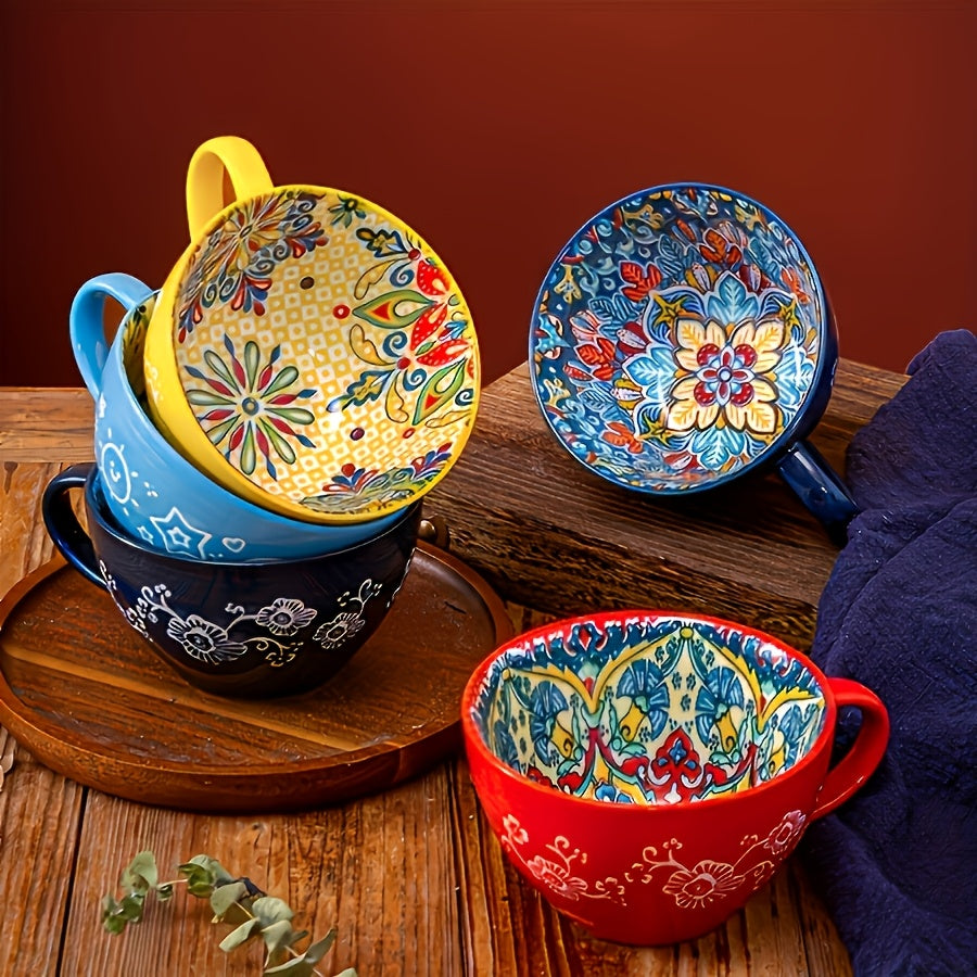 Bohemian Ceramic Coffee Mugs Set of 6 – 15 Oz Large Capacity Breakfast Mug – Microwave Safe for Hot & Cold Drinks – Unique Boho Drinkware Gift for Halloween, Thanksgiving & Christmas