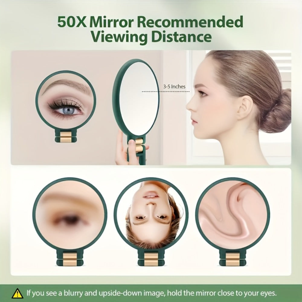 Makeup Mirror Dual-Sided 1X and 50X Handheld Round Compact with Folding 360° Handle in Black or White