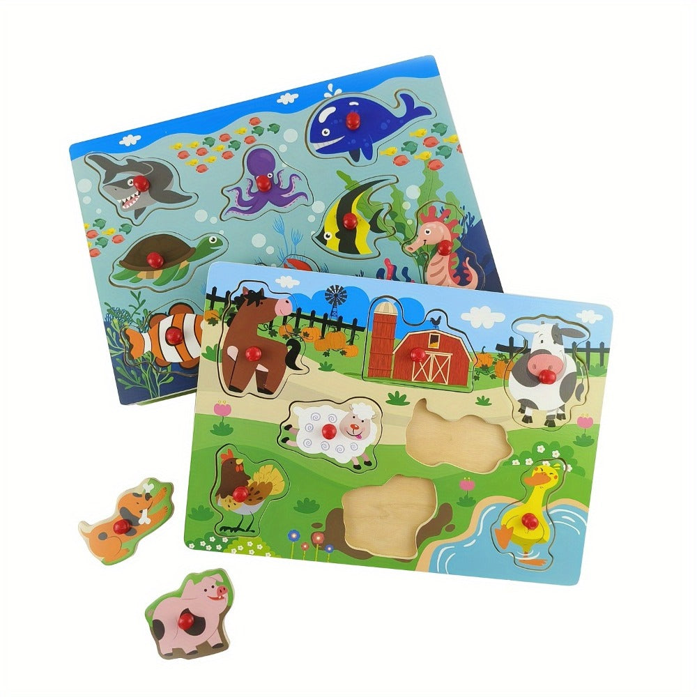 Four-Board Wooden Peg Puzzle Set with Colorful Animal Scenes and Red Knob Pieces for Matching Play