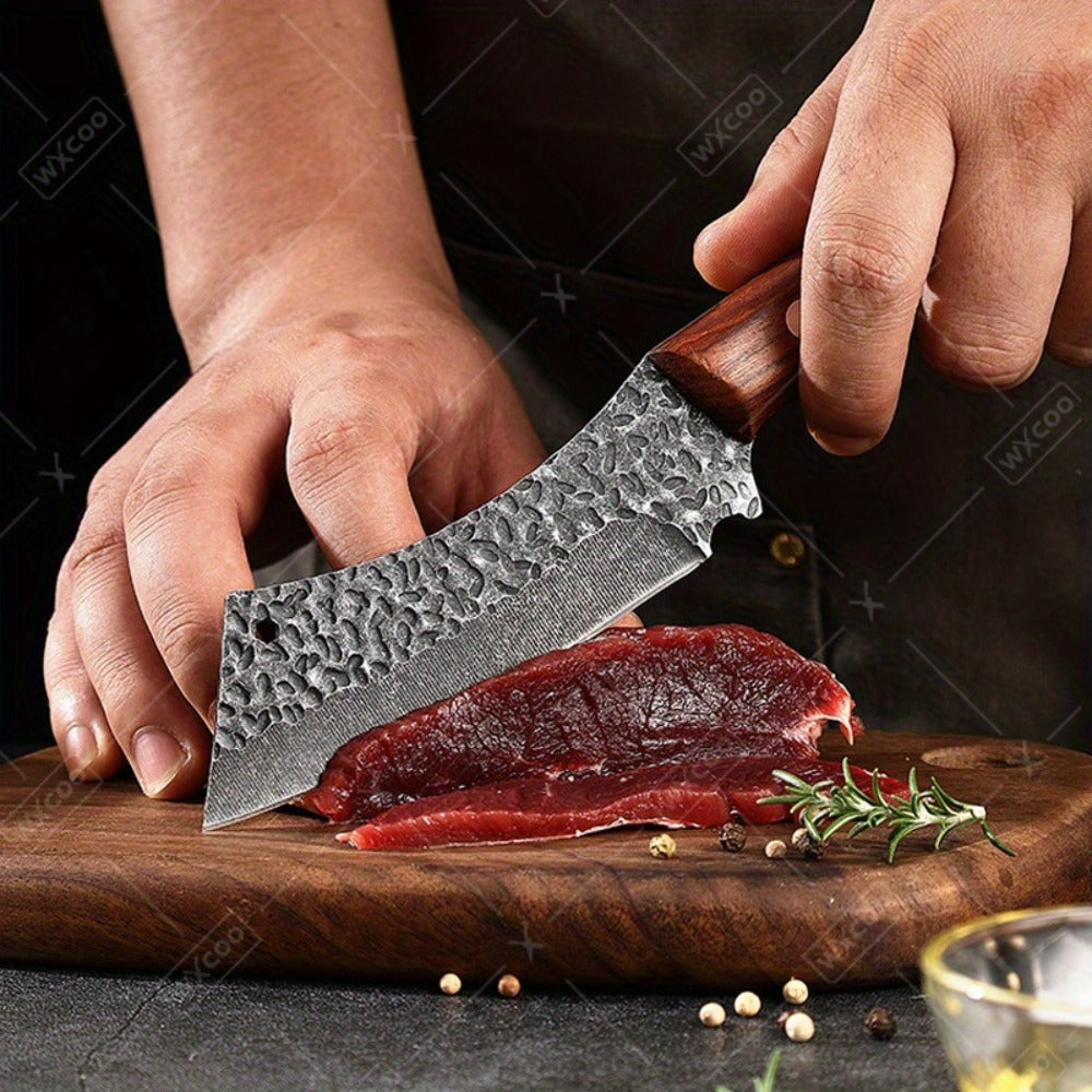 Viking Chef Knife Set 3/4pcs Hammered Stainless Steel Kitchen Knives – Boning, Utility & BBQ Knife with Wooden Handle for Cooking, Camping & Outdoor