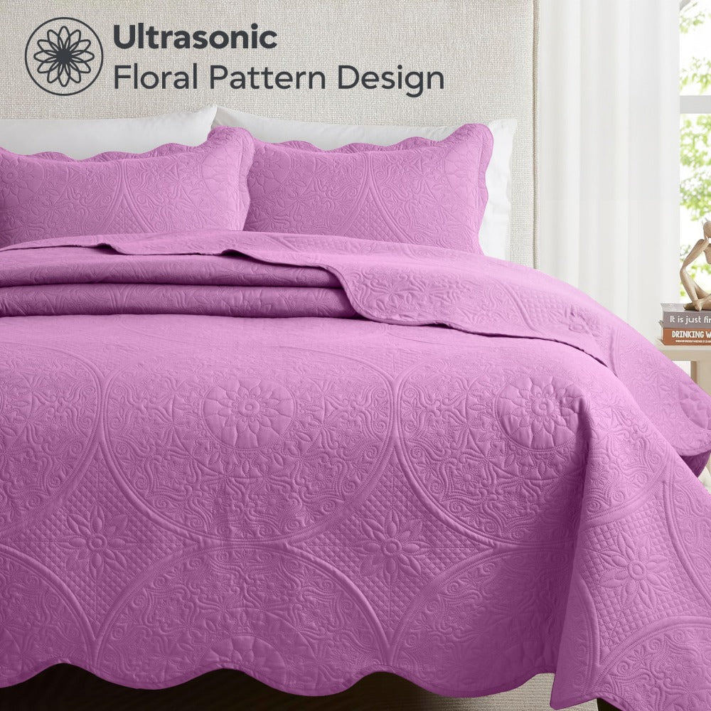 Quilted Bedspread Set 3 Piece – Soft Floral Coverlet with Pillow Shams, Lightweight Breathable Quilt for Bedroom & Guest Room, All Season Bed Cover
