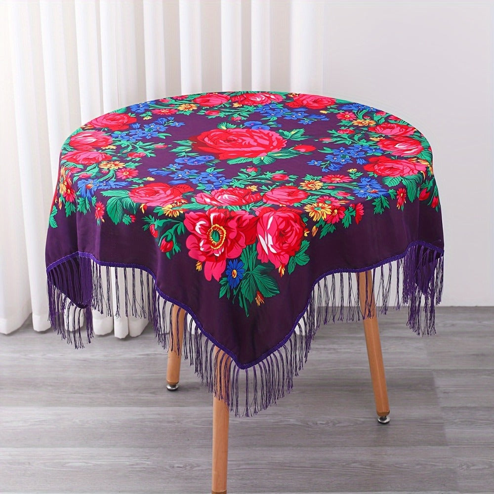 Tablecloth Square 53-Inch Floral Cover with Tassel Trim, Polyester Fabric and Six Color Options