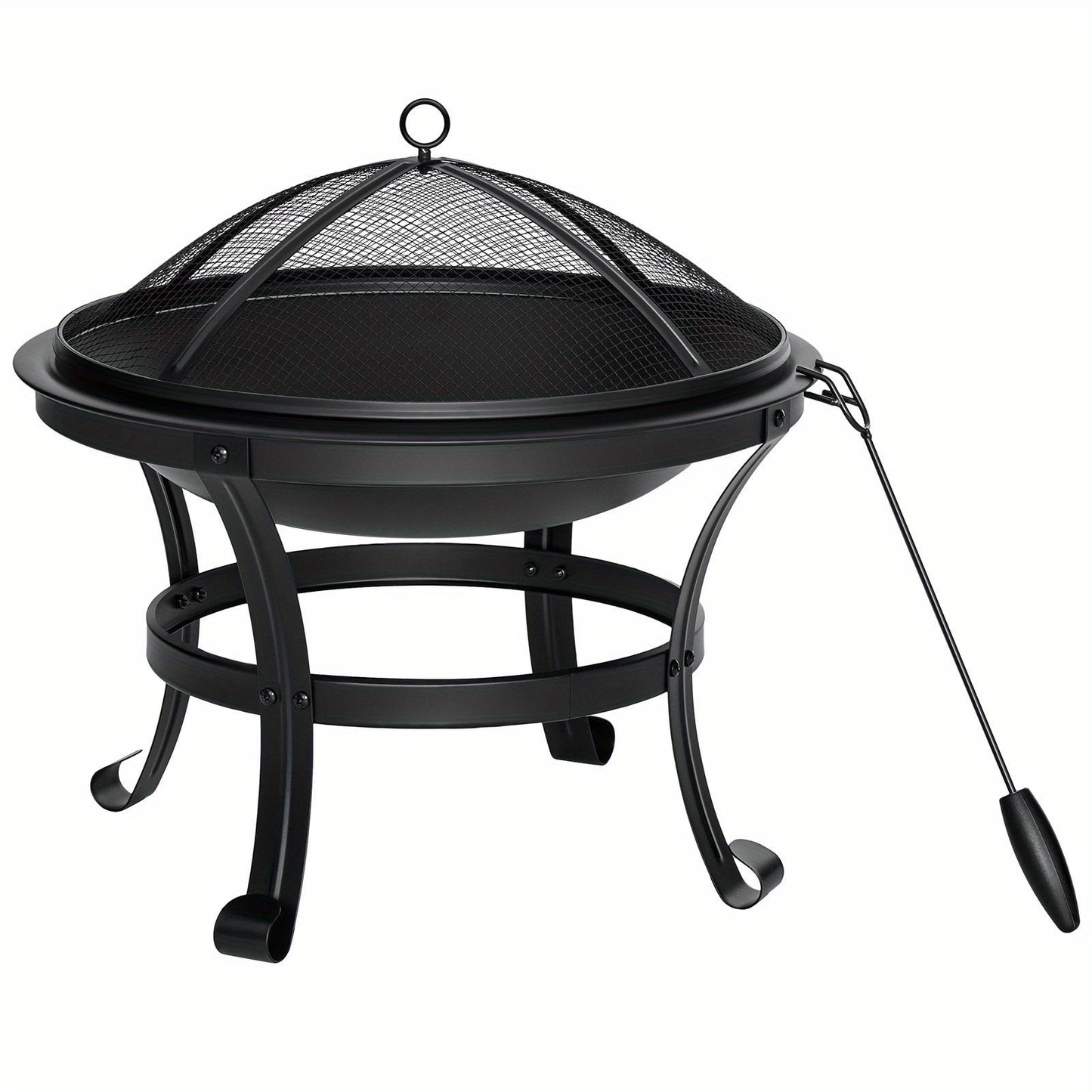 22-Inch Round Fire Pit with Domed Mesh Cover, Inner Log Grate, Four-Leg Stand and Long Poker