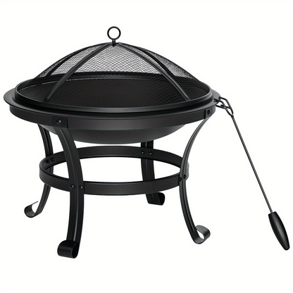 22-Inch Round Fire Pit with Domed Mesh Cover, Inner Log Grate, Four-Leg Stand and Long Poker