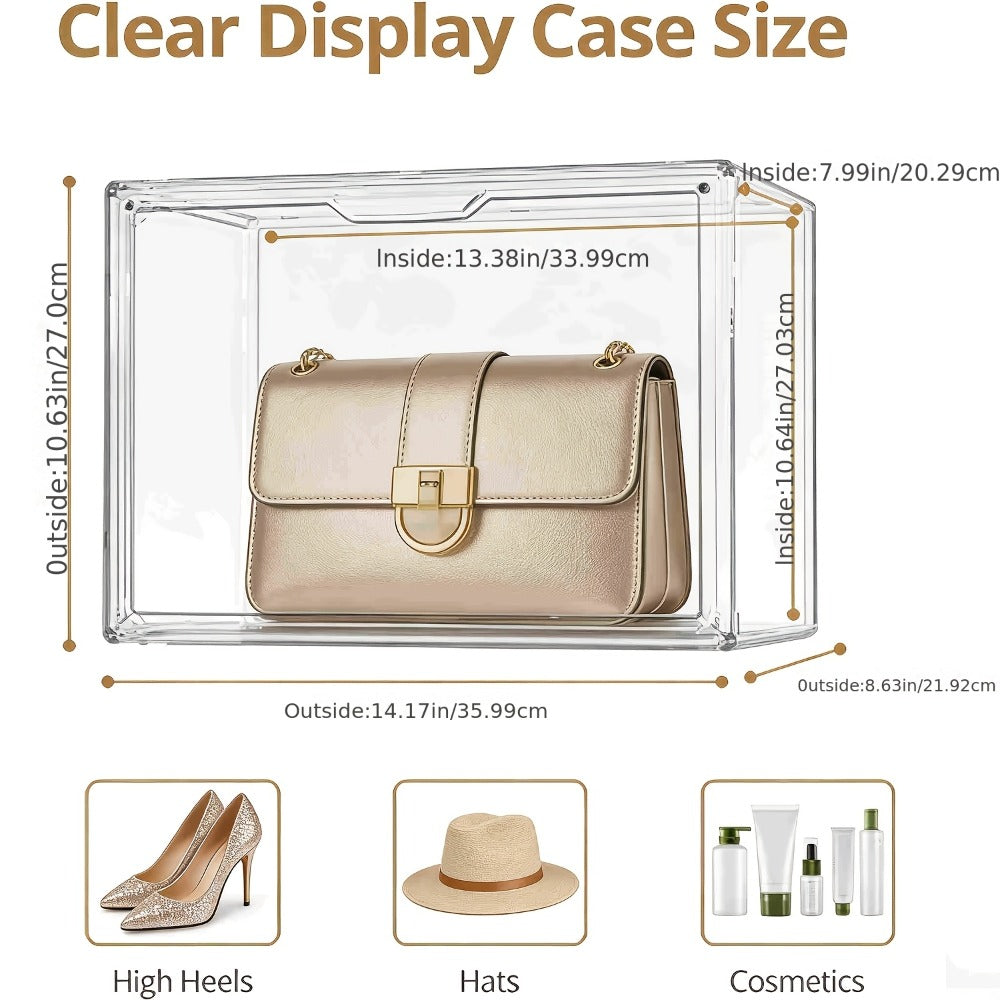 Three-Pack Clear Handbag Display Boxes with Front Magnetic Doors, Stackable Design and Exact Checkout Label