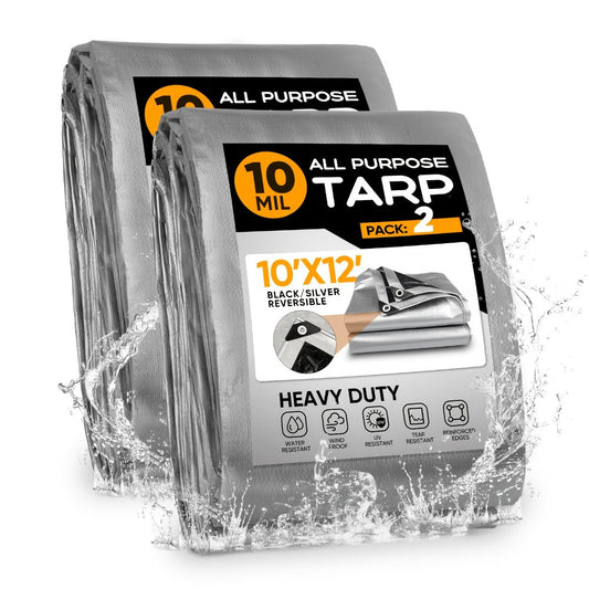 Heavy Duty Waterproof Tarp 2-Pack 10Mil 150GSM Black Silver – Tear-Proof Polyethylene Cover with Reinforced Grommets for Roof Pool Boat Car Camping & Outdoor