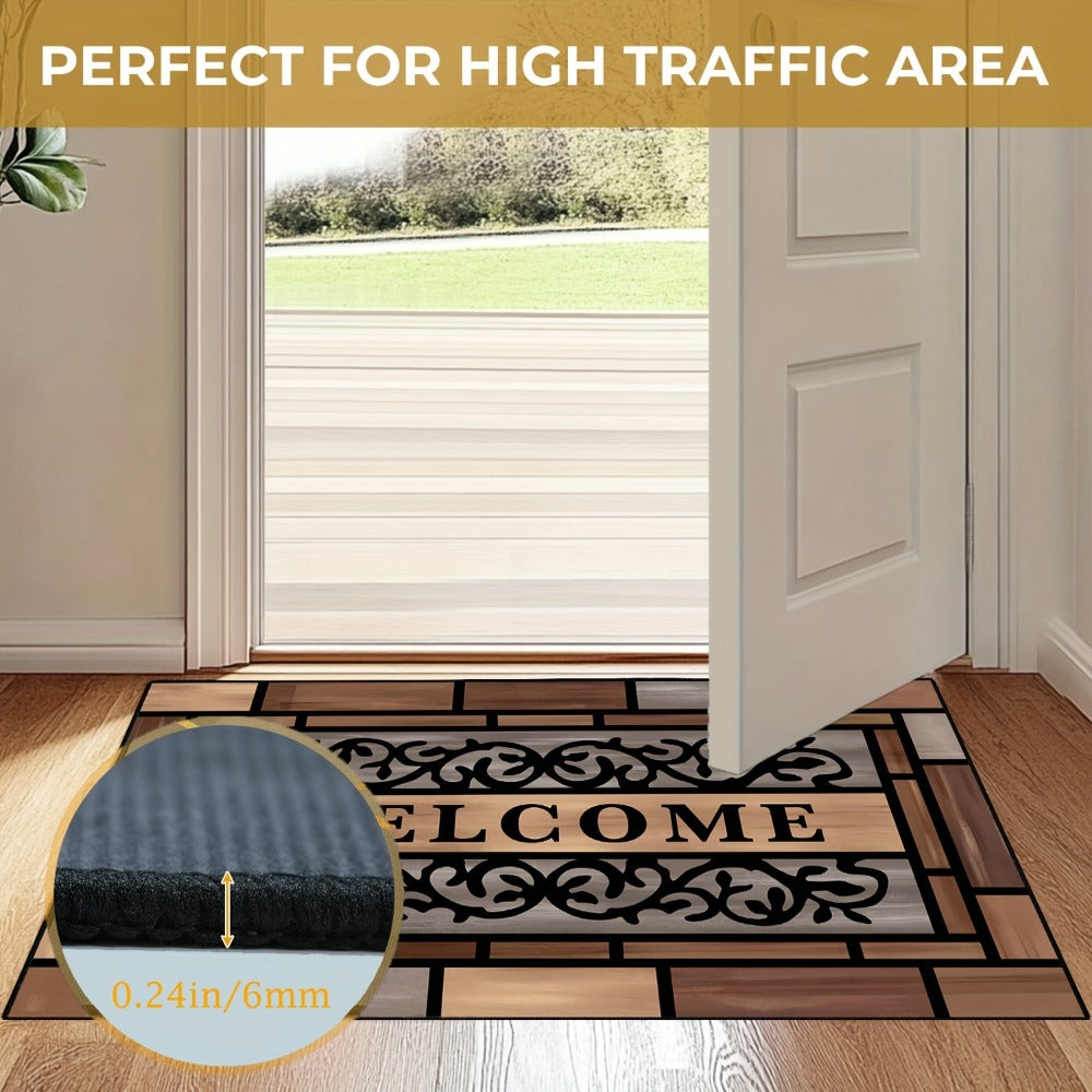 Welcome Doormat Wood Pattern - Non-Slip Entrance Mat with Polypropylene Backing | Indoor Outdoor Floor Mat for Front Door, Entryway & Home Decor | Durable Anti-Slip Door Rug in 2 Sizes