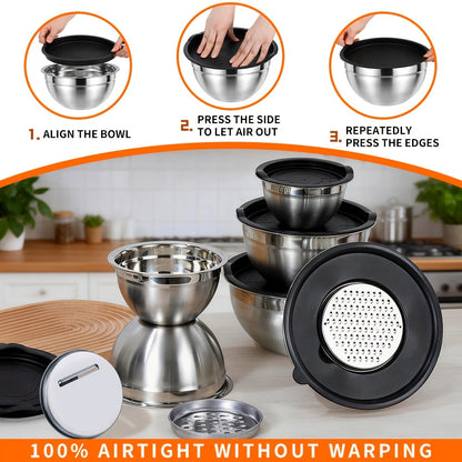 Stainless Steel Mixing Bowl Set 26pcs with Sealed Lids – 6 Bowls (0.7–3.6 Qt), 2 Colanders & 3 Sharpening Tools – Nesting Kitchen Bowls for Baking, Salad, Mixing, Storage & Camping