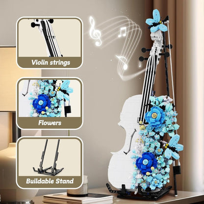 1419-Piece Flower Violin Building Block Model with Brick-Built Stand, Blue Blooms and Panel Detail