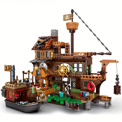 Pirate Wharf Building Blocks Set with 573-Piece Source Record, Model 1547, Boat, Dock and Multi-Level Supply Center