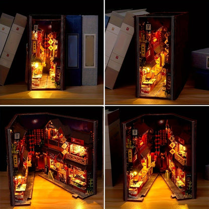 Chinese Food Street Book Nook Kit with LED-Lit Miniature Shops, Sliding Dust Cover and Wooden Shelf Insert