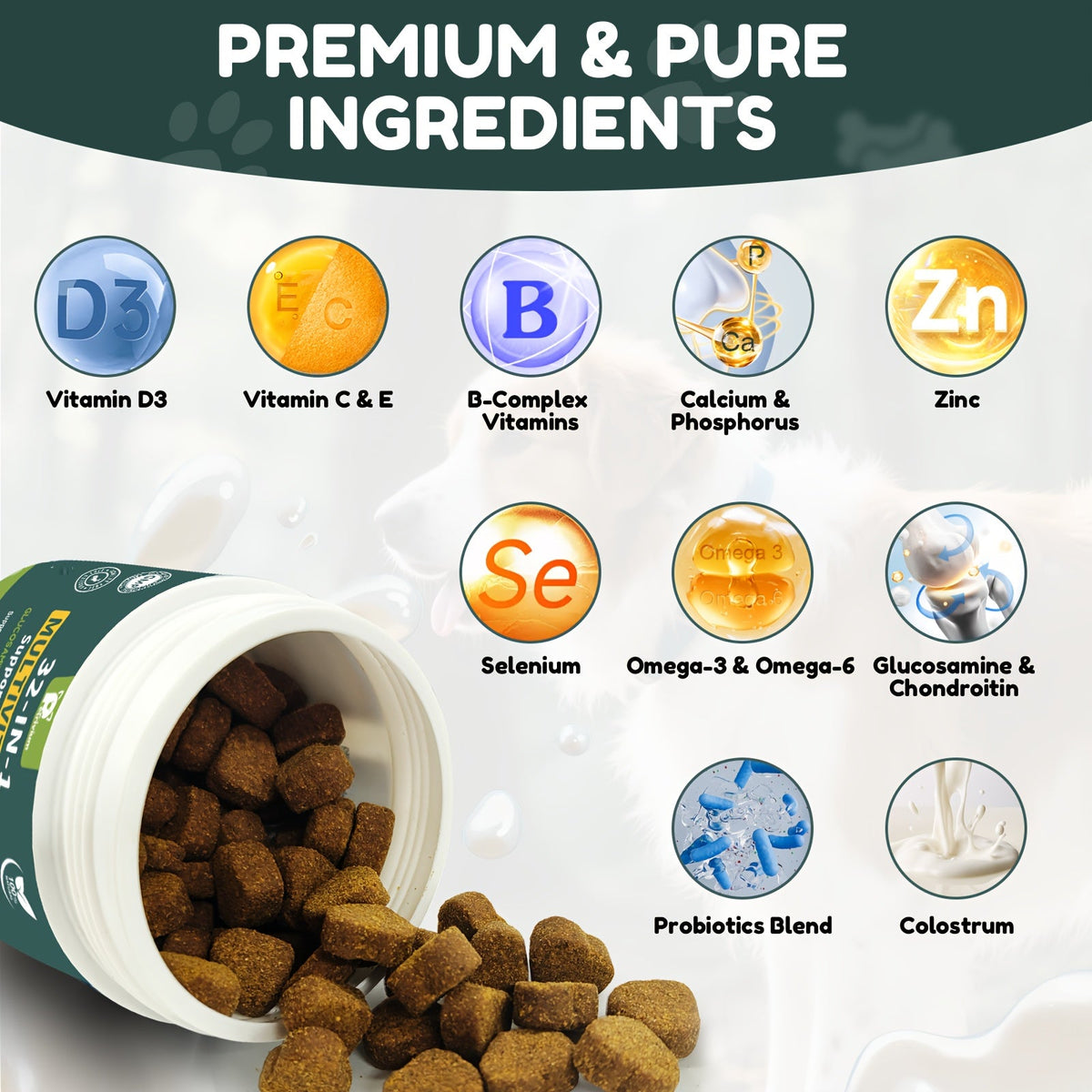 32-in-1 Dog Multivitamin Soft Chews, 8.47-Ounce Container with Glucosamine, Probiotics and Omega 3