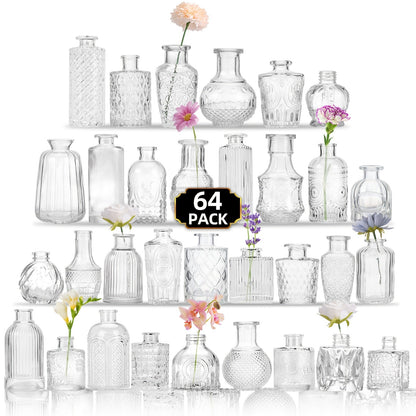 Assorted Clear Glass Bud Vase Set with 12, 24 or 64 Mixed Shapes for Flowers and Table Centerpieces