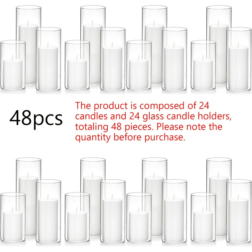 Pillar Candles with Clear Glass Hurricane Holders – Unscented White Cylinder Candles & Vases for Wedding Centerpieces, Party Tables, Home & Office Decor, Bulk Set 24 or 48 Pieces