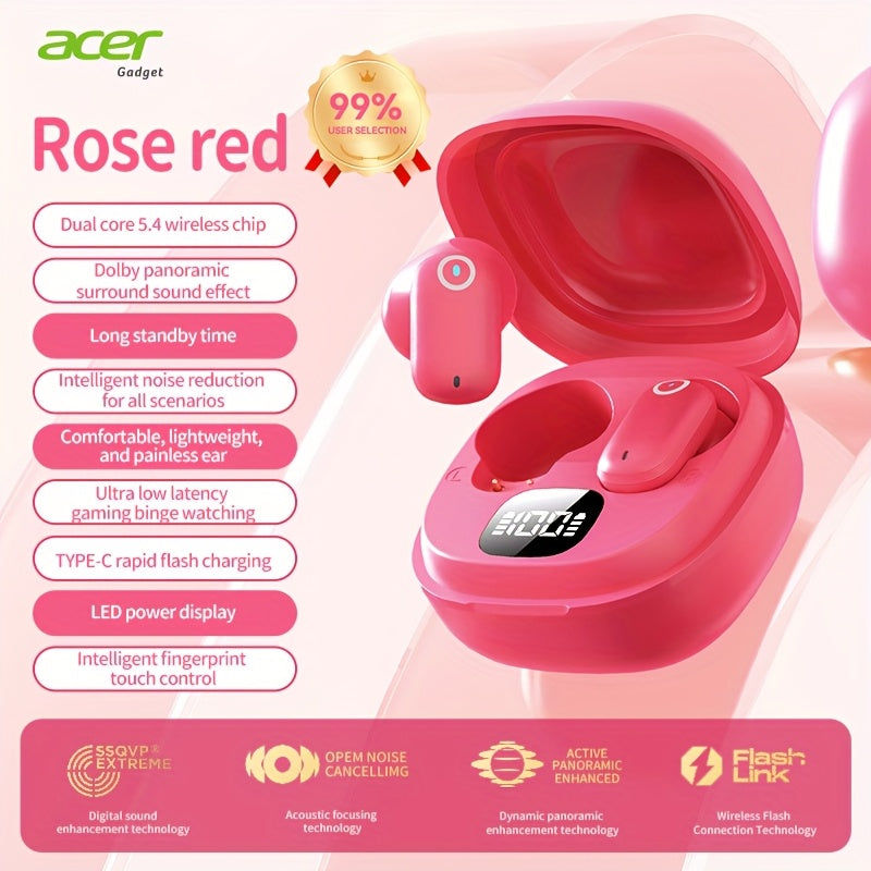 Acer OHR501 Dolby Surround Sound Wireless Earbuds Bluetooth 5.4 Semi-In-Ear TWS Intelligent Noise Cancellation Fingerprint Touch Control Ultra-Low Latency Type-C Fast Charging 8 Colors