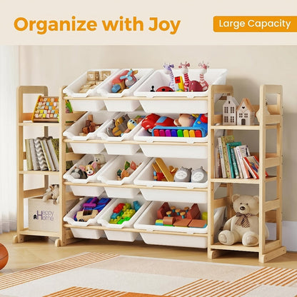 Kids Storage Organizer with 12 Bins and Bookshelf - Wooden Toy Chest Cubby Unit for Playroom Bedroom, Large Capacity Shelf for Books Stuffed Animals Toys, Easy Assembly Natural Wood Furniture 52x31.7 Inch
