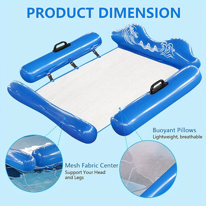 Blue Rectangular Pool Hammock with Mesh Center, Inflatable Headrest, Side Rails and Four Carry Handles