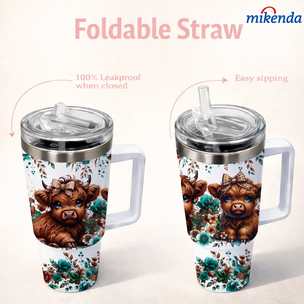 Insulated Tumbler 16oz or 40oz-2 Highland Cow Floral Graphic in 304 Stainless Steel Vacuum Design
