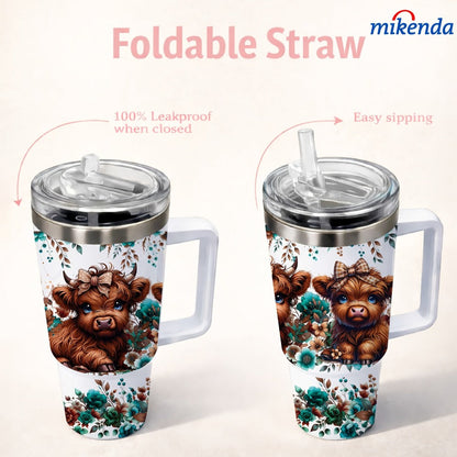 Insulated Tumbler 16oz or 40oz-2 Highland Cow Floral Graphic in 304 Stainless Steel Vacuum Design