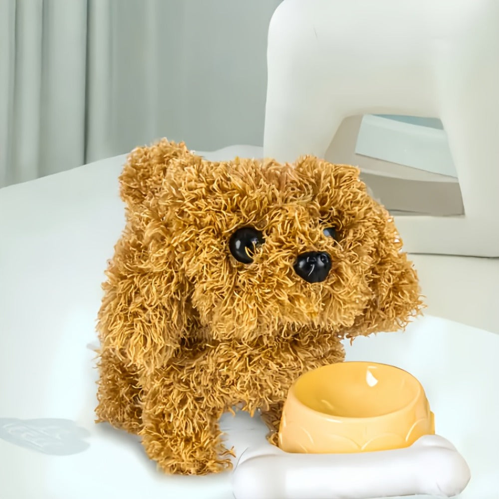 Walking Barking Robot Dog Toy for Adults Teens – Soft Plush Biomimetic Puppy with Expressive Eyes, One-Button Control, Gift Box Option | Desk & Home Companion | Brown White Red
