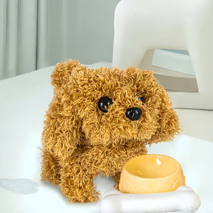 Walking Barking Robot Dog Toy for Adults Teens – Soft Plush Biomimetic Puppy with Expressive Eyes, One-Button Control, Gift Box Option | Desk & Home Companion | Brown White Red