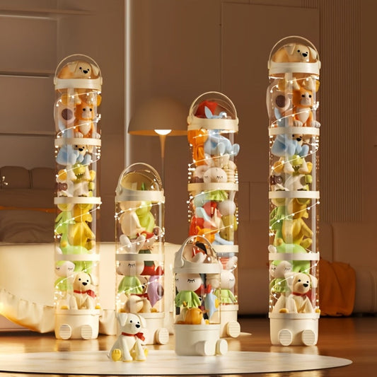 Toy Storage Organizer 4-Layer Transparent Cylindrical Bin in Cream, Pink or Green for Plush Display
