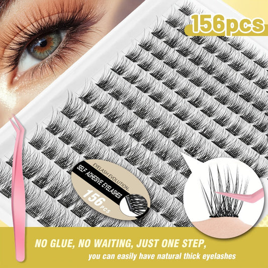 156Pcs No-Glue Lash Clusters Kit — Self-Adhesive Pre-Glued DIY Eyelashes with 2 Tweezers, Reusable Natural Look Cluster Lashes, No Remover No Residue False Eyelash Extension Kit for Women Beginners