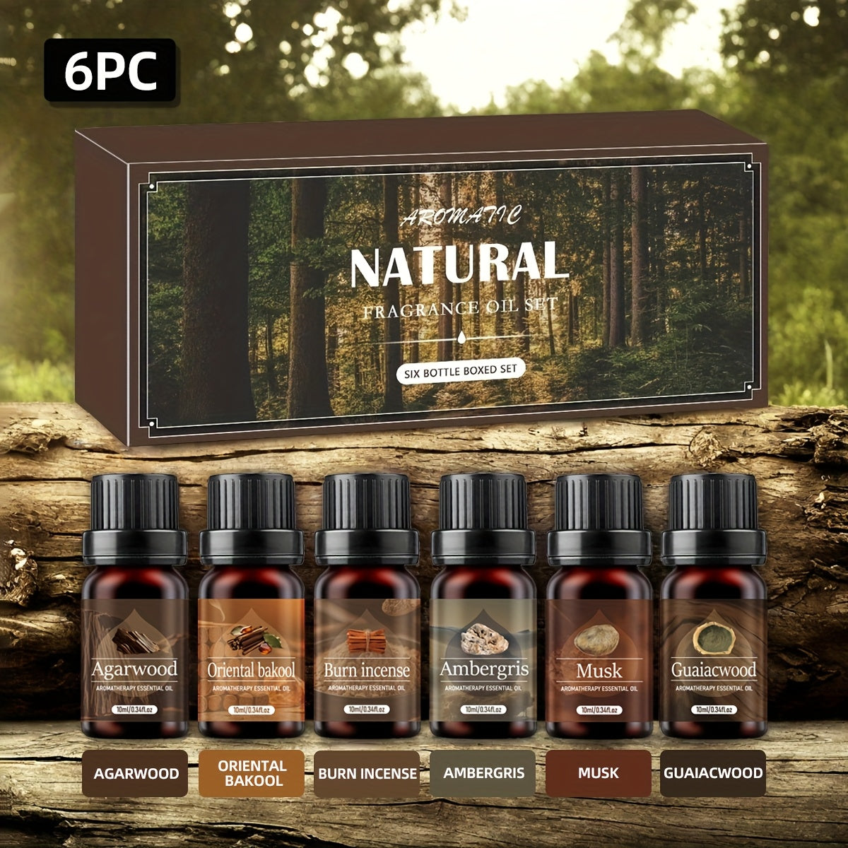 6-Bottle Woody Fragrance Oil Set with Agarwood, Amber, Incense, Cedar, Musk and Other Listed Scent Blends