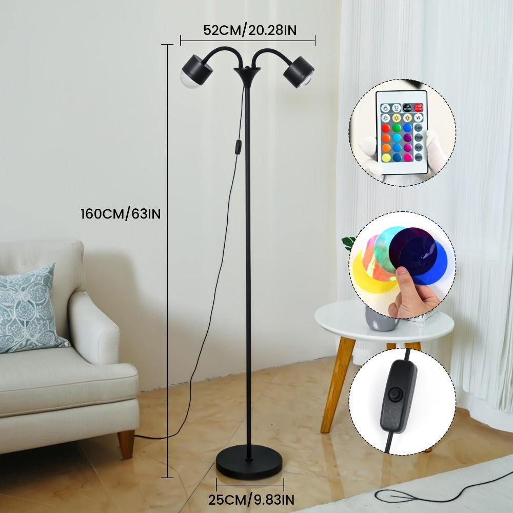 Black Dual-Head Floor Projector Lamp with Two Adjustable Spot Heads, Remote and Color Discs