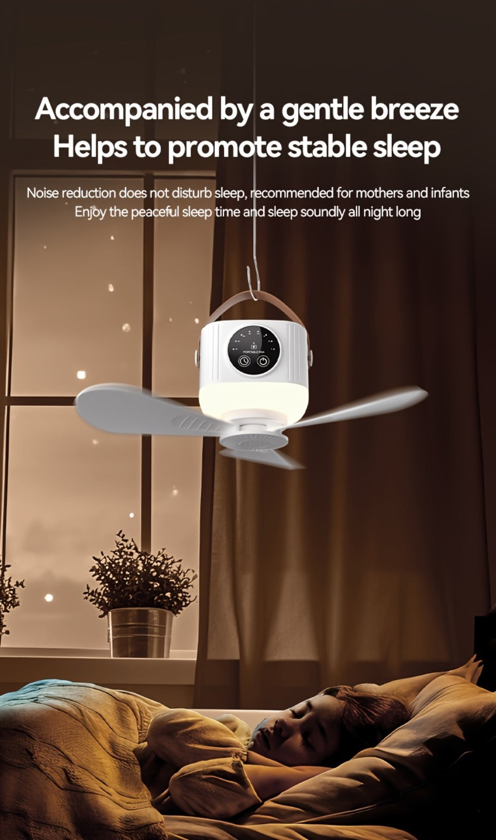 Portable Fan, USB-Powered Hanging Tent Model with Remote Control, LED Light and Optional Triangular Stand