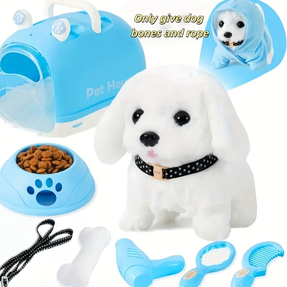 Walking Barking Robot Dog Toy for Adults Teens – Soft Plush Biomimetic Puppy with Expressive Eyes, One-Button Control, Gift Box Option | Desk & Home Companion | Brown White Red