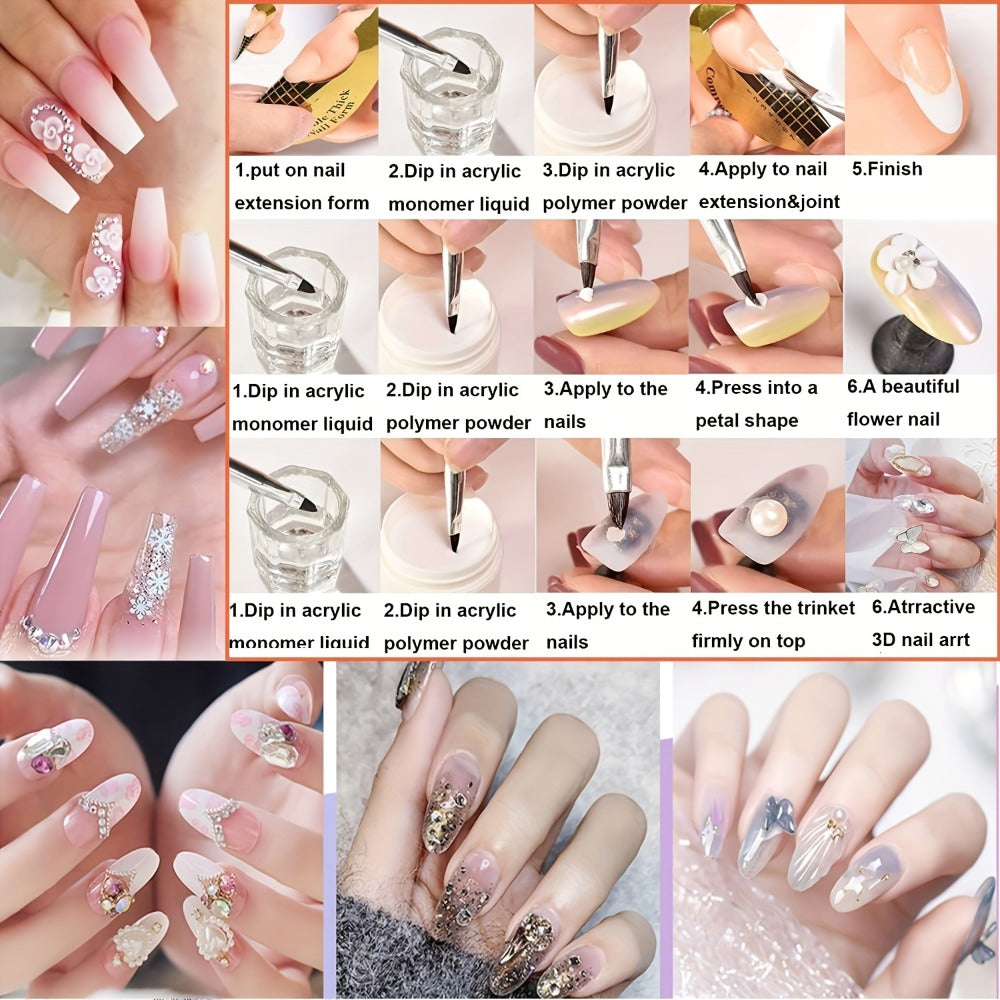 Acrylic Nail Kit for Beginners Nail Technicians with Professional Brush Tricolor Acrylic Powder Complete Starter Set for Practice Nail Extensions Salon Quality DIY Nails