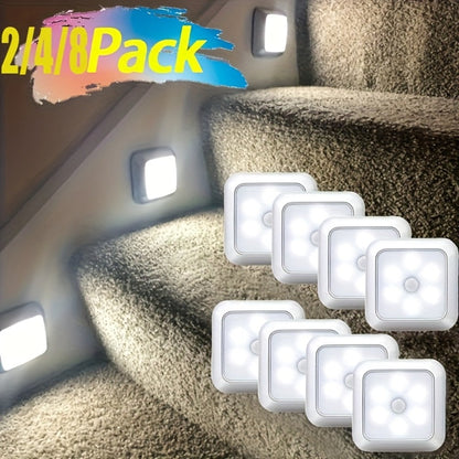 Four-Piece 8cm Square Battery Night Light Set with Motion Sensors and Cool-Light Checkout for Hallways