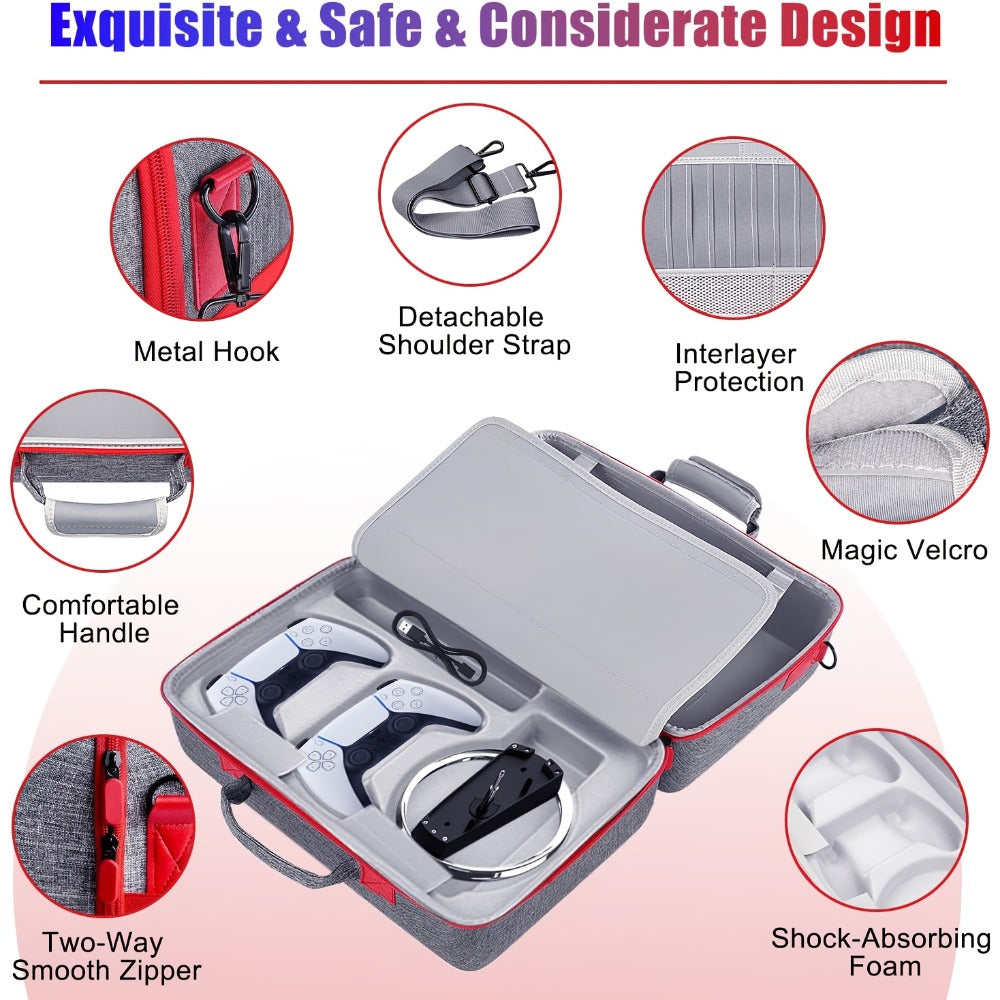 Structured Carrying Case Compatible with PS5 Slim Disc or Digital Consoles, Black or Gray with Shoulder Strap
