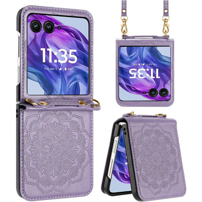 Phone Case Floral PU Leather Cover with Detachable Crossbody Lanyard for Motorola Razr and Razr Plus 2024