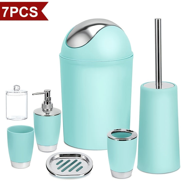 Seven-Piece Bathroom Accessory Set with Waste Bin, Toilet Brush, Dispenser and Containers in Seven Colors