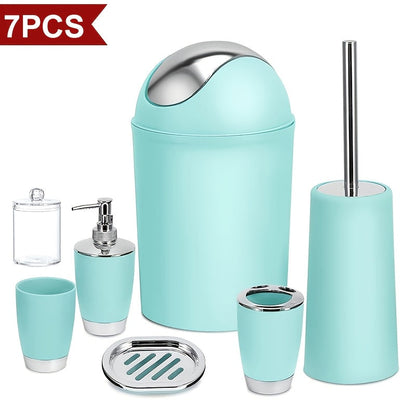 Seven-Piece Bathroom Accessory Set with Waste Bin, Toilet Brush, Dispenser and Containers in Seven Colors